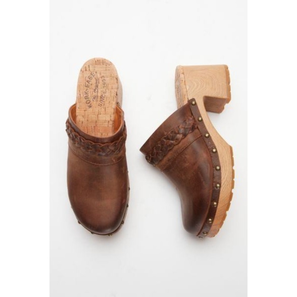 Sz 7 M Kork-Ease Tilly Brown Leather Braided Studded Platform Comfort Clogs